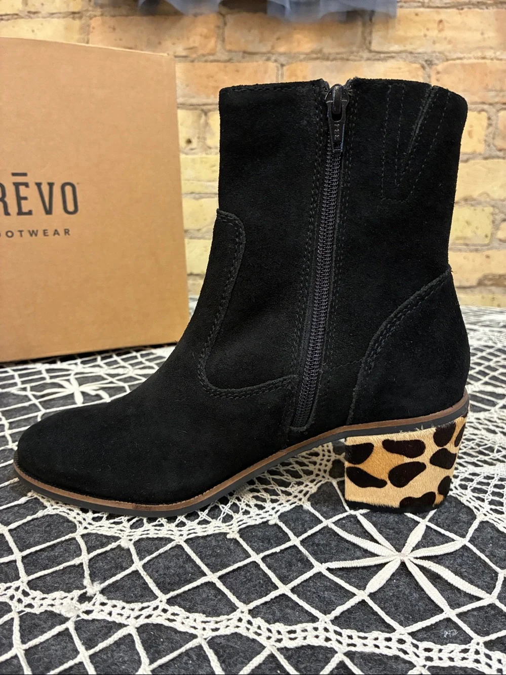 Crevo Jade Black Suede Ankle Boots with Leopard-Print Block Heel, 7 - Picture 5 of 7